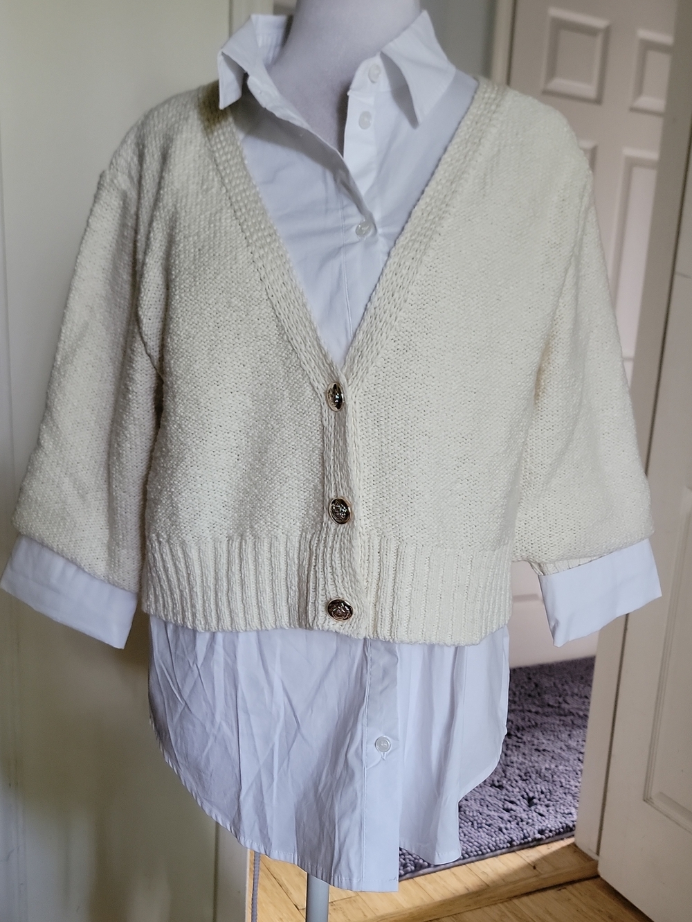 Elan Ivory V-Neck Button Front Cropped Sweater And Attached Top